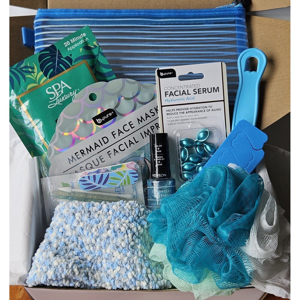 Blue Spa Self Care Gift Set Mixed Beauty Bundle Nail Tools Pouch Face Mask Serum